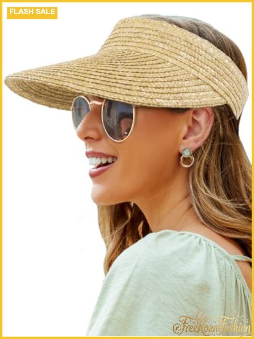 Natural Straw Wide Brim Visor Hat Packable UPF 50+ Sun Protection